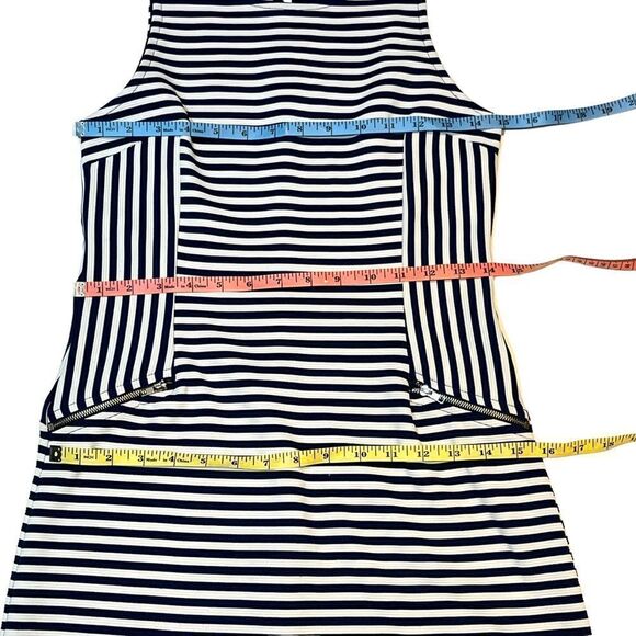 đť…şMONTEAU sheath dress sleeveless navy blue and white horizontal striped size M - Picture 11 of 13